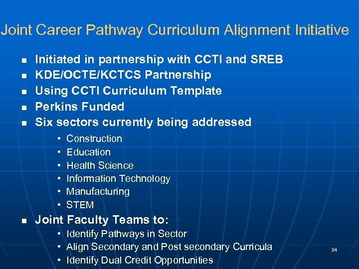 Joint Career Pathway Curriculum Alignment Initiative n n n Initiated in partnership with CCTI