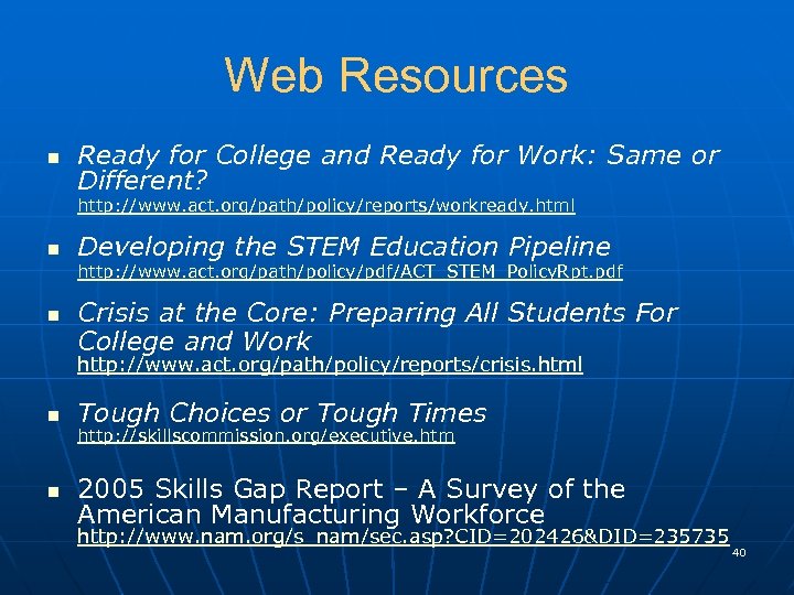 Web Resources n Ready for College and Ready for Work: Same or Different? http: