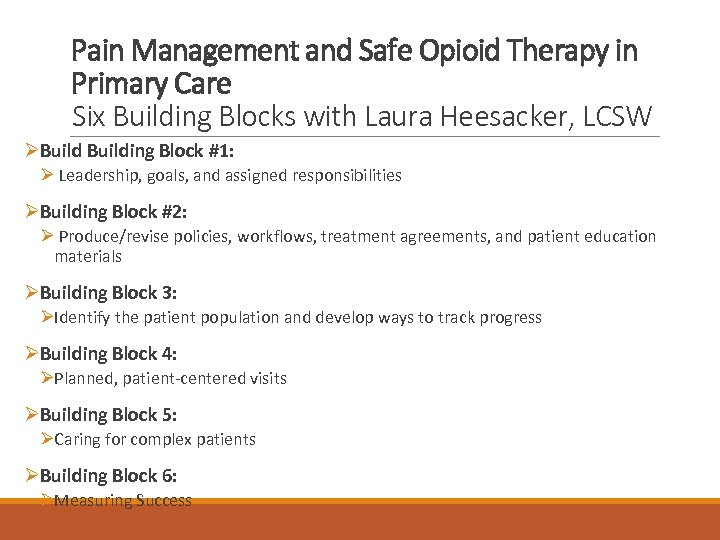 Pain Management and Safe Opioid Therapy in Primary Care Six Building Blocks with Laura