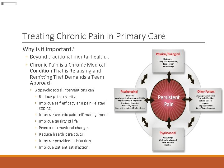 Treating Chronic Pain in Primary Care Why is it important? ◦ Beyond traditional mental