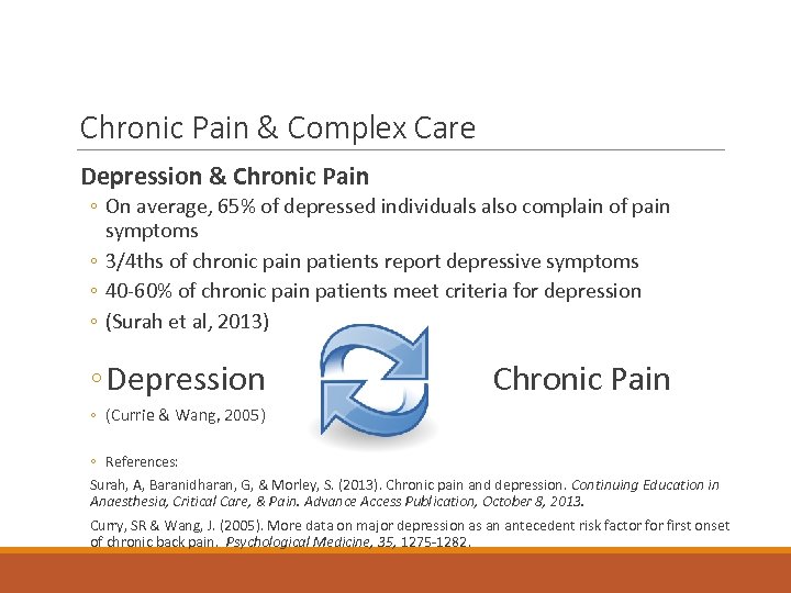 Chronic Pain & Complex Care Depression & Chronic Pain ◦ On average, 65% of