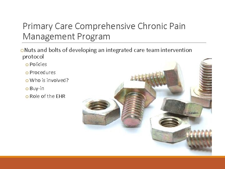 Primary Care Comprehensive Chronic Pain Management Program o. Nuts and bolts of developing an