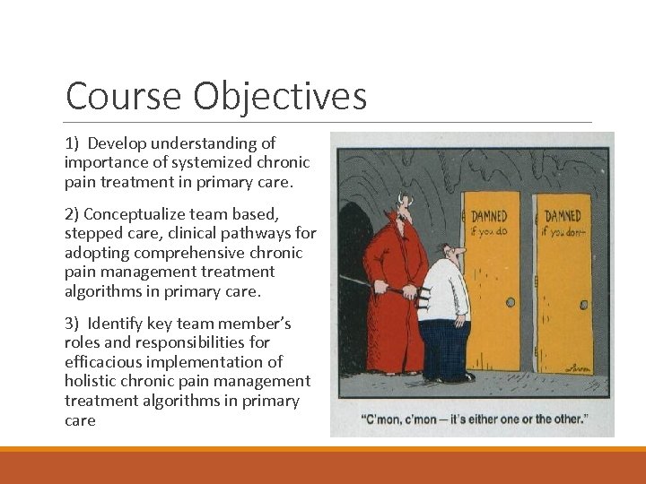 Course Objectives 1) Develop understanding of importance of systemized chronic pain treatment in primary