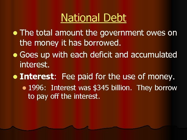 National Debt l The total amount the government owes on the money it has
