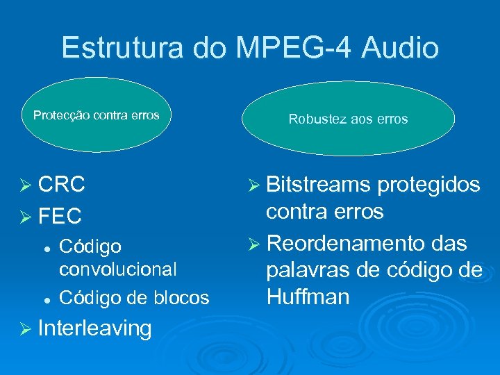 Estrutura do MPEG-4 Audio Protecção contra erros Robustez aos erros Ø CRC Ø Bitstreams