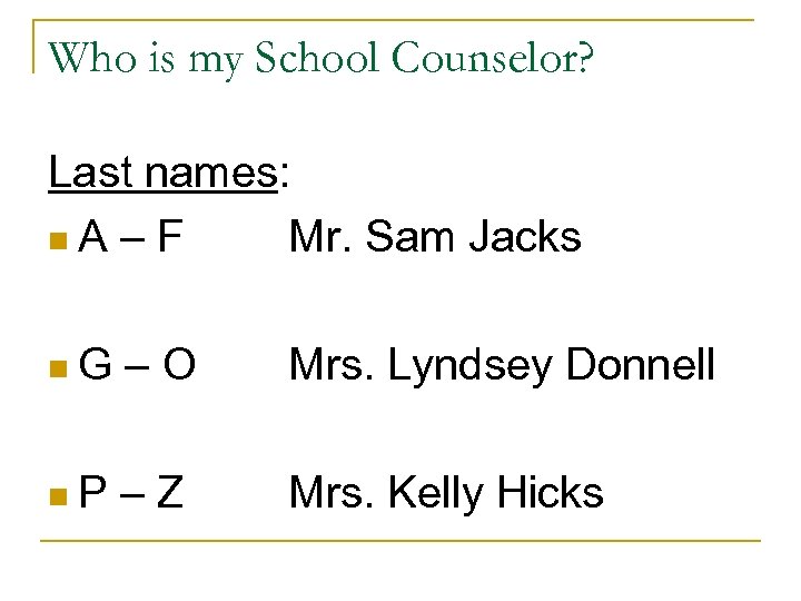 Who is my School Counselor? Last names: n. A – F Mr. Sam Jacks