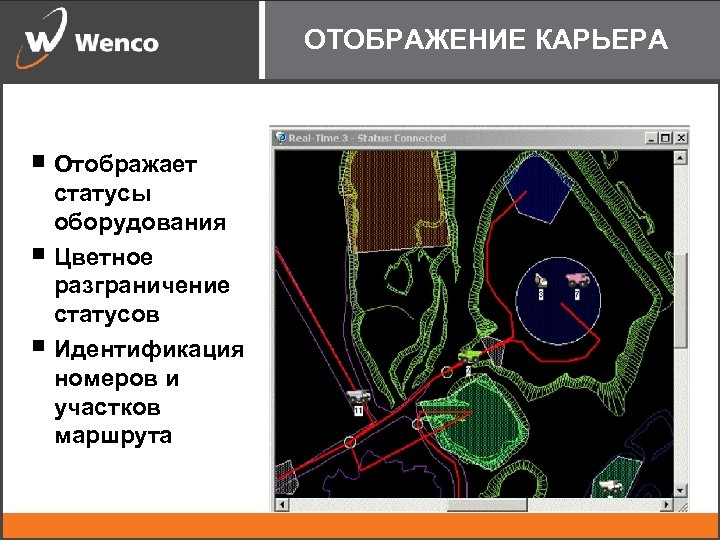 ОТОБРАЖЕНИЕ КАРЬЕРА Отображает статусы оборудования Цветное разграничение статусов Идентификация номеров и участков маршрута 