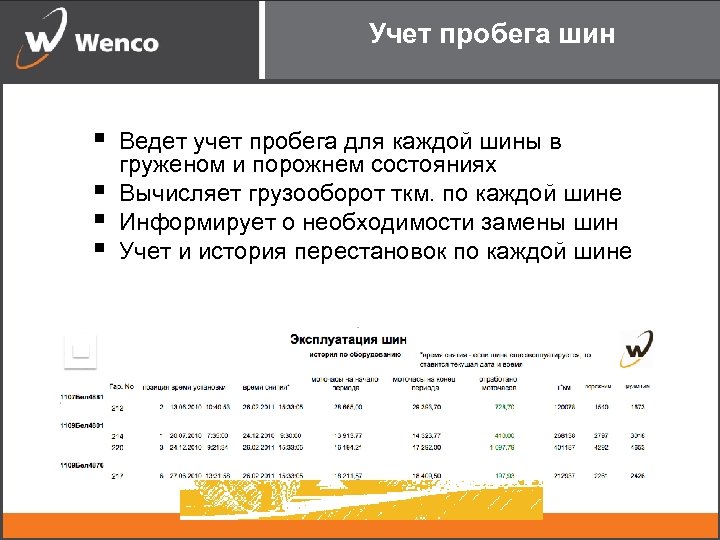 Учет пробега шин § § Ведет учет пробега для каждой шины в груженом и