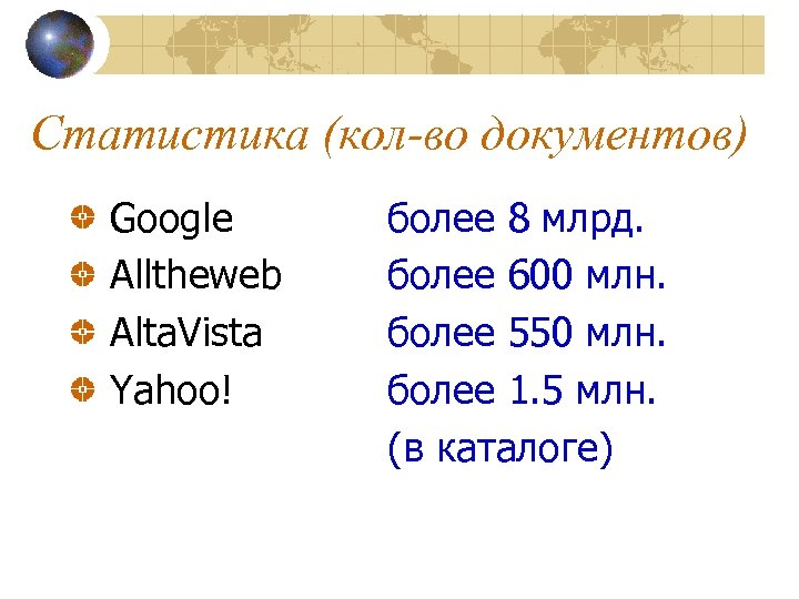 Статистика (кол-во документов) Google Alltheweb Alta. Vista Yahoo! более 8 млрд. более 600 млн.