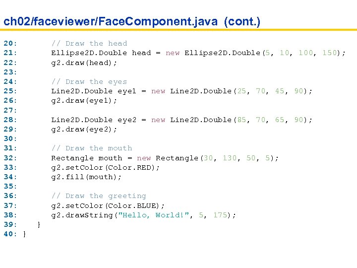 ch 02/faceviewer/Face. Component. java (cont. ) 20: // Draw the head 21: Ellipse 2