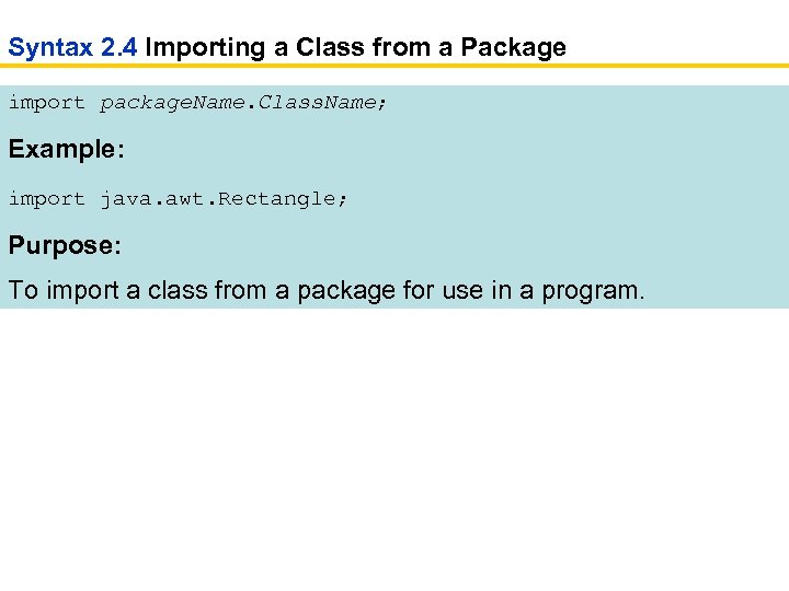 Syntax 2. 4 Importing a Class from a Package import package. Name. Class. Name;