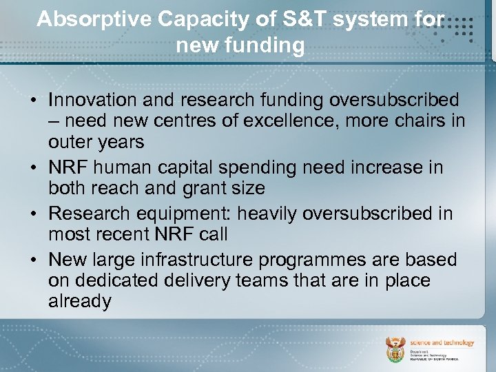 Absorptive Capacity of S&T system for new funding • Innovation and research funding oversubscribed