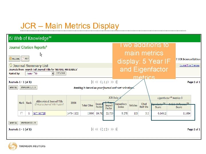 JCR – Main Metrics Display Two additions to main metrics display: 5 Year IF