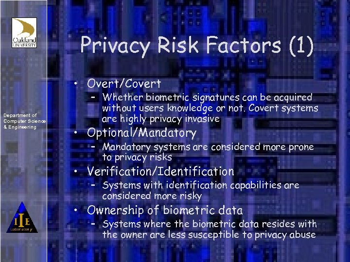 Privacy Risk Factors (1) • Overt/Covert Department of Computer Science & Engineering – Whether