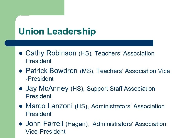 Union Leadership l Cathy Robinson (HS), Teachers’ Association President l Patrick Bowdren (MS), Teachers’