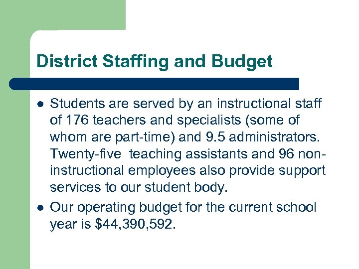 District Staffing and Budget l l Students are served by an instructional staff of