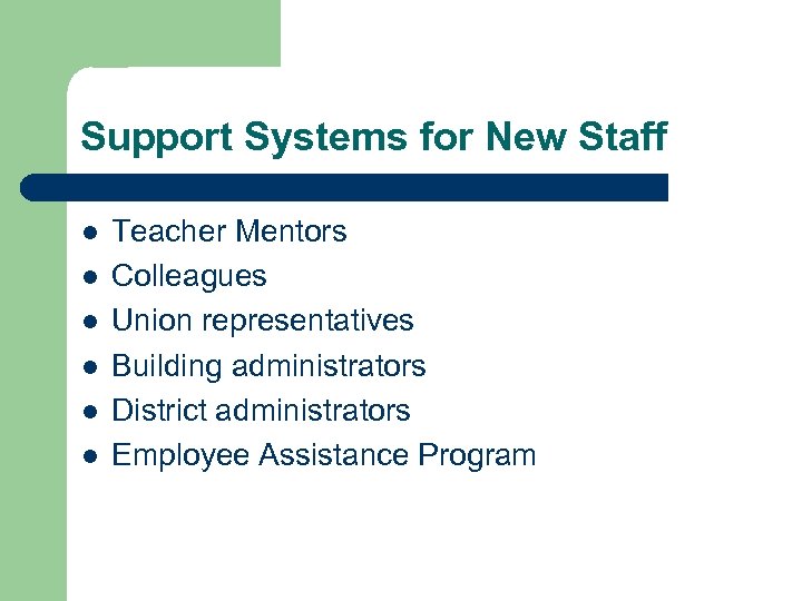 Support Systems for New Staff l l l Teacher Mentors Colleagues Union representatives Building