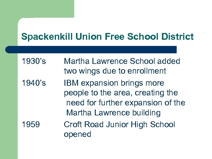 Spackenkill Union Free School District 1930’s 1940’s 1959 Martha Lawrence School added two wings