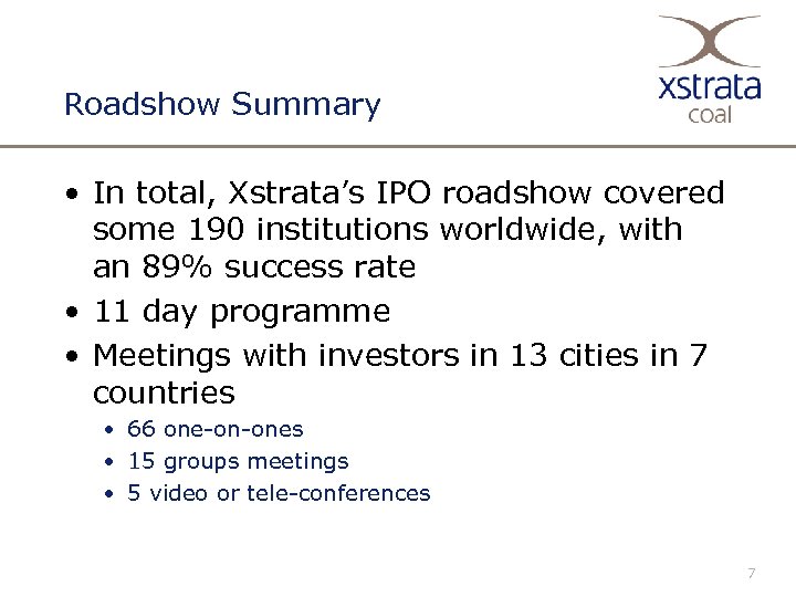 Roadshow Summary • In total, Xstrata’s IPO roadshow covered some 190 institutions worldwide, with
