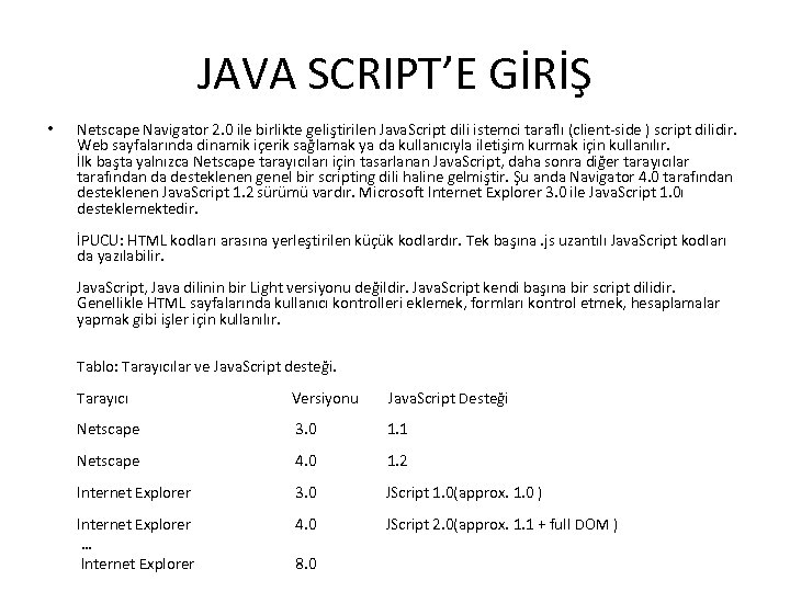 JAVA SCRIPT’E GİRİŞ • Netscape Navigator 2. 0 ile birlikte geliştirilen Java. Script dili