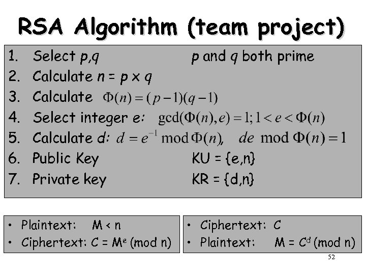 RSA Algorithm (team project) 1. 2. 3. 4. 5. 6. 7. Select p, q