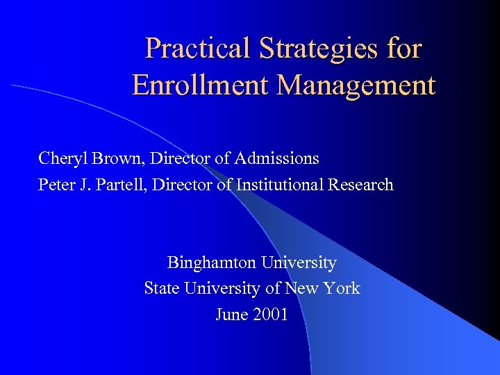 Practical Strategies for Enrollment Management Cheryl Brown, Director of Admissions Peter J. Partell, Director
