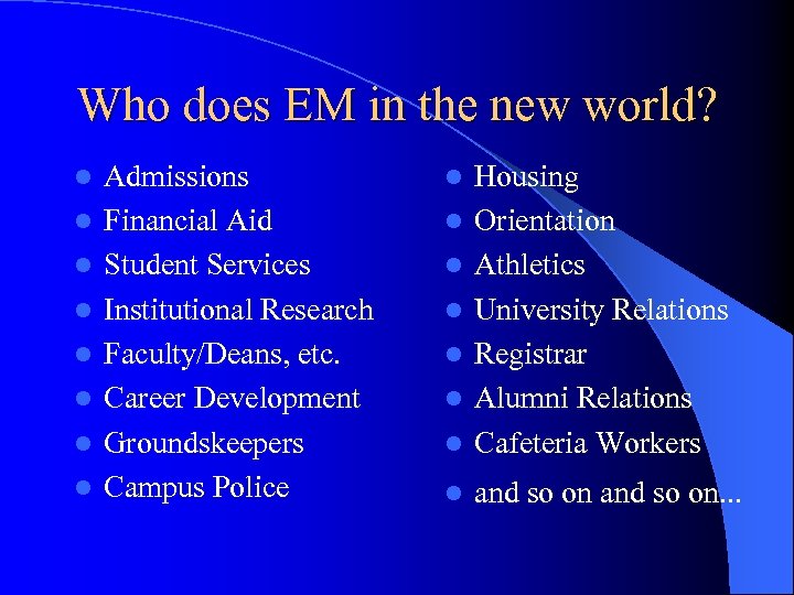 Who does EM in the new world? l l l l Admissions Financial Aid