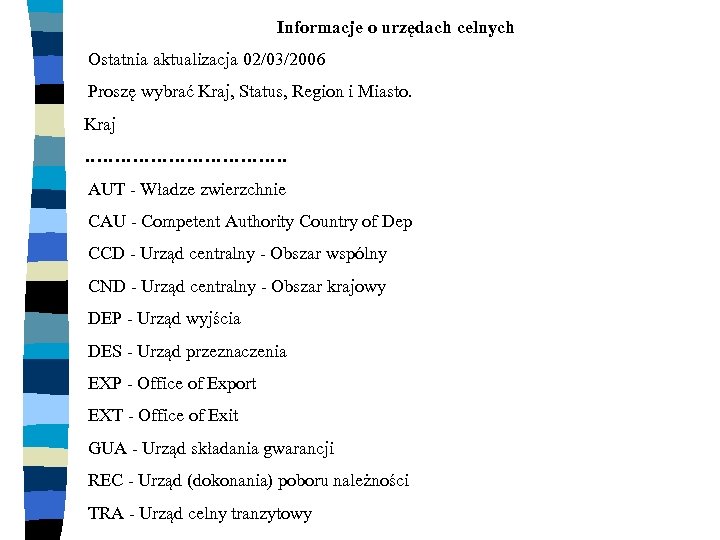 Informacje o urzędach celnych Ostatnia aktualizacja 02/03/2006 Proszę wybrać Kraj, Status, Region i Miasto.