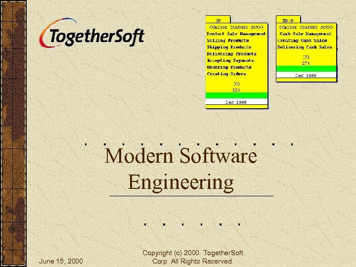 Modern Software Engineering June 15, 2000 Copyright (c) 2000. Together. Soft Corp. All Rights