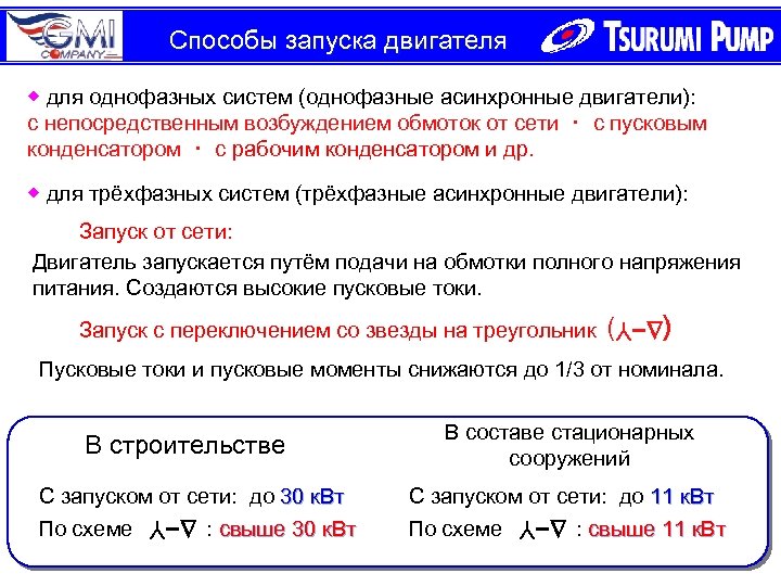 Способы запуска двигателя ◆ для однофазных систем (однофазные асинхронные двигатели): с непосредственным возбуждением обмоток