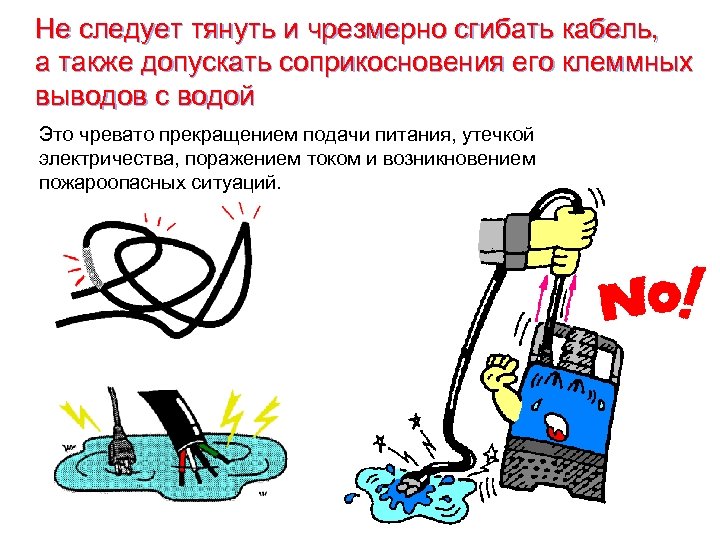 Не следует тянуть и чрезмерно сгибать кабель, а также допускать соприкосновения его клеммных выводов