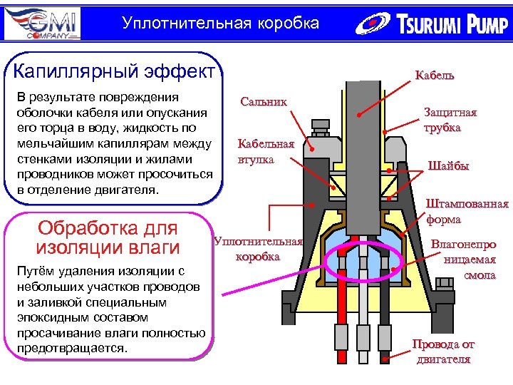 Уплотнительная коробка Капиллярный эффект В результате повреждения оболочки кабеля или опускания его торца в