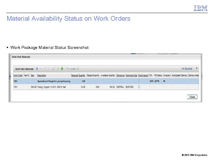 Material Availability Status on Work Orders Work Package Material Status Screenshot © 2009 IBM