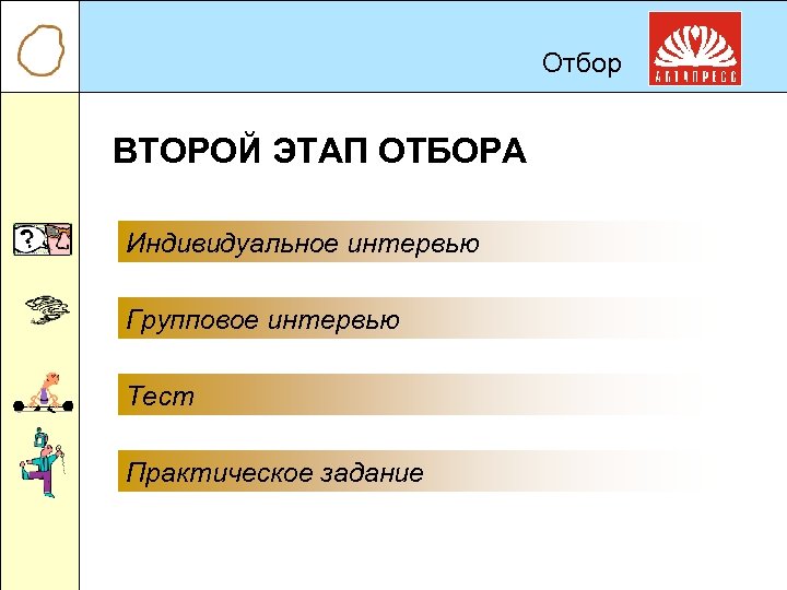 Отбор ВТОРОЙ ЭТАП ОТБОРА Индивидуальное интервью Групповое интервью Тест Практическое задание 