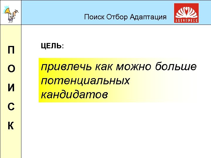 Поиск Отбор Адаптация П ЦЕЛЬ: О привлечь как можно больше потенциальных кандидатов И С