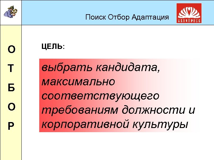Поиск Отбор Адаптация О ЦЕЛЬ: Т выбрать кандидата, максимально соответствующего требованиям должности и корпоративной