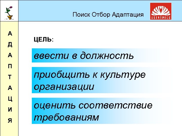 Поиск Отбор Адаптация А Д А П Т А Ц И Я ЦЕЛЬ: ввести