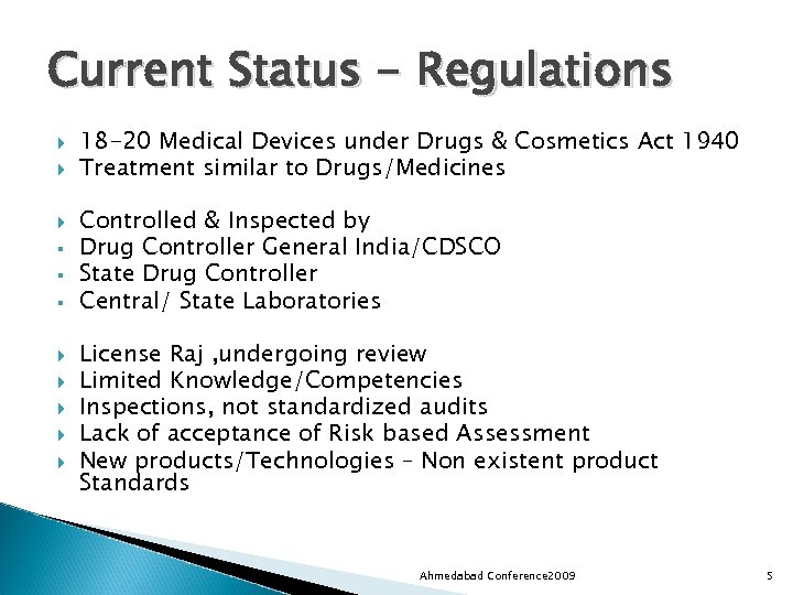 Current Status - Regulations § § § 18 -20 Medical Devices under Drugs &