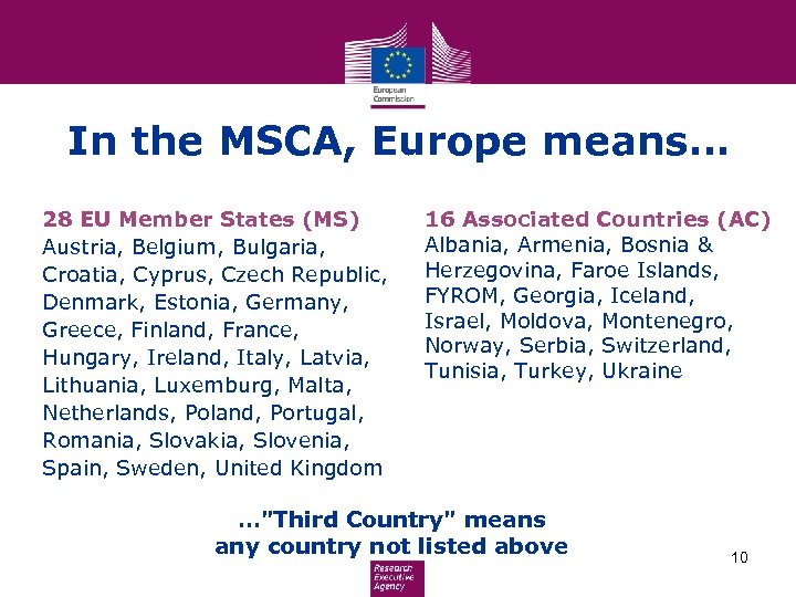 In the MSCA, Europe means… 28 EU Member States (MS) Austria, Belgium, Bulgaria, Croatia,