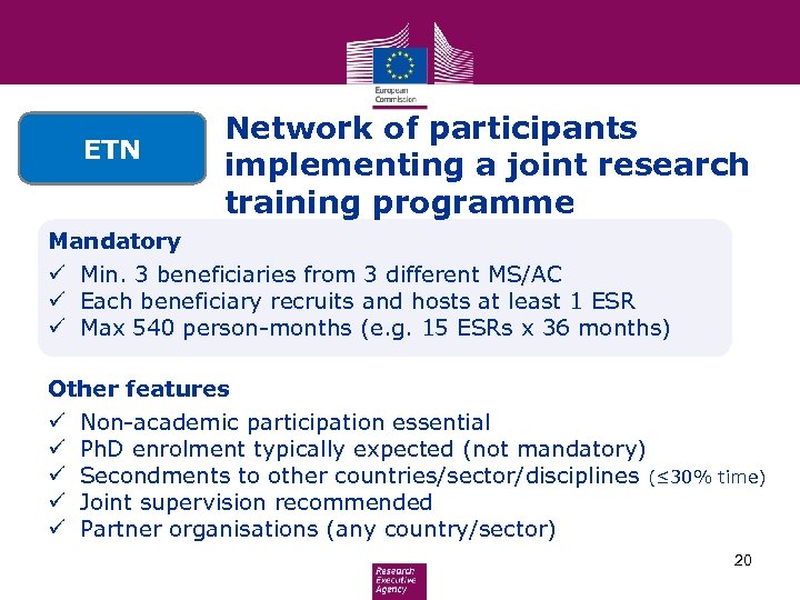 ETN Network of participants implementing a joint research training programme Mandatory ü Min. 3