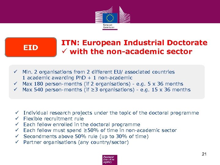 EID ITN: European Industrial Doctorate ü with the non-academic sector ü Min. 2 organisations