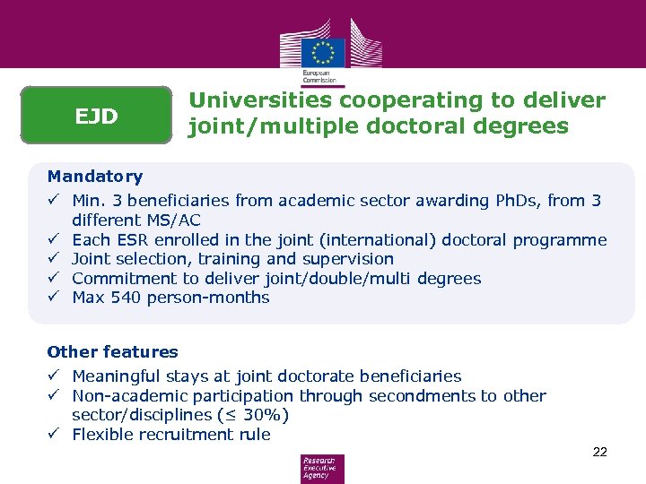 EJD Universities cooperating to deliver joint/multiple doctoral degrees Mandatory ü Min. 3 beneficiaries from