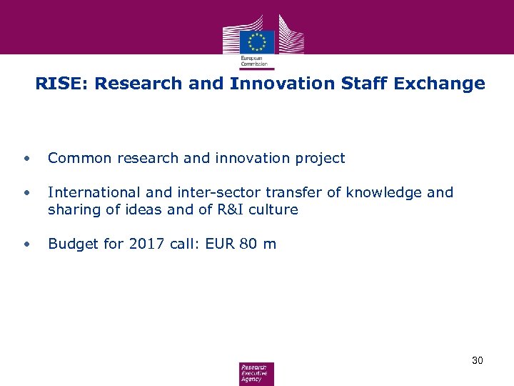 RISE: Research and Innovation Staff Exchange • Common research and innovation project • International