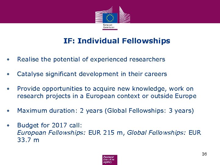 - IF: Individual Fellowships • Realise the potential of experienced researchers • Catalyse significant