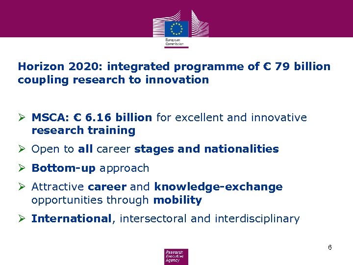 Horizon 2020: integrated programme of € 79 billion coupling research to innovation Ø MSCA: