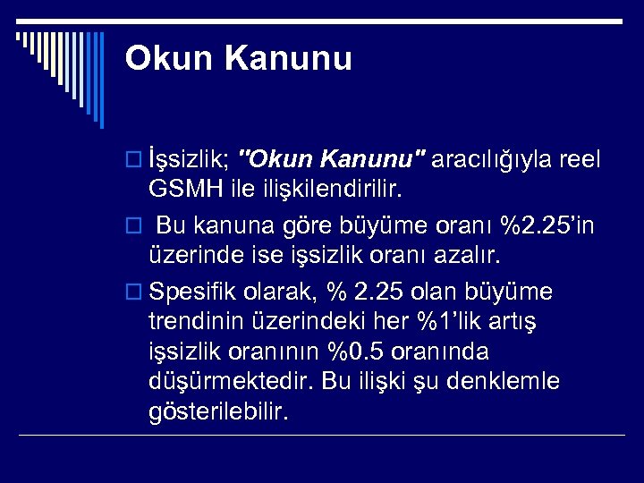 Okun Kanunu o İşsizlik; ''Okun Kanunu'' aracılığıyla reel GSMH ile ilişkilendirilir. o Bu kanuna