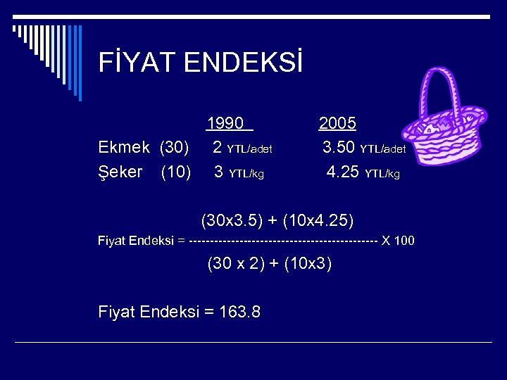 FİYAT ENDEKSİ 1990 2005 Ekmek (30) 2 YTL/adet 3. 50 YTL/adet Şeker (10) 3