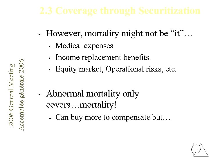 2. 3 Coverage through Securitization • However, mortality might not be “it”… 2006 General