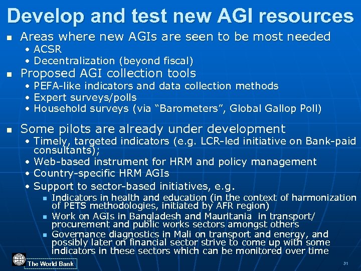 Develop and test new AGI resources n Areas where new AGIs are seen to