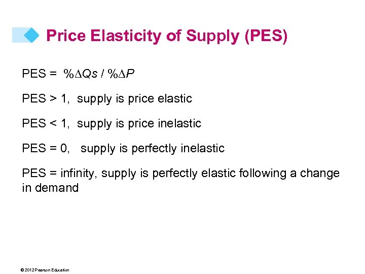 Price Elasticity of Supply (PES) PES = %DQs / %DP PES > 1, supply